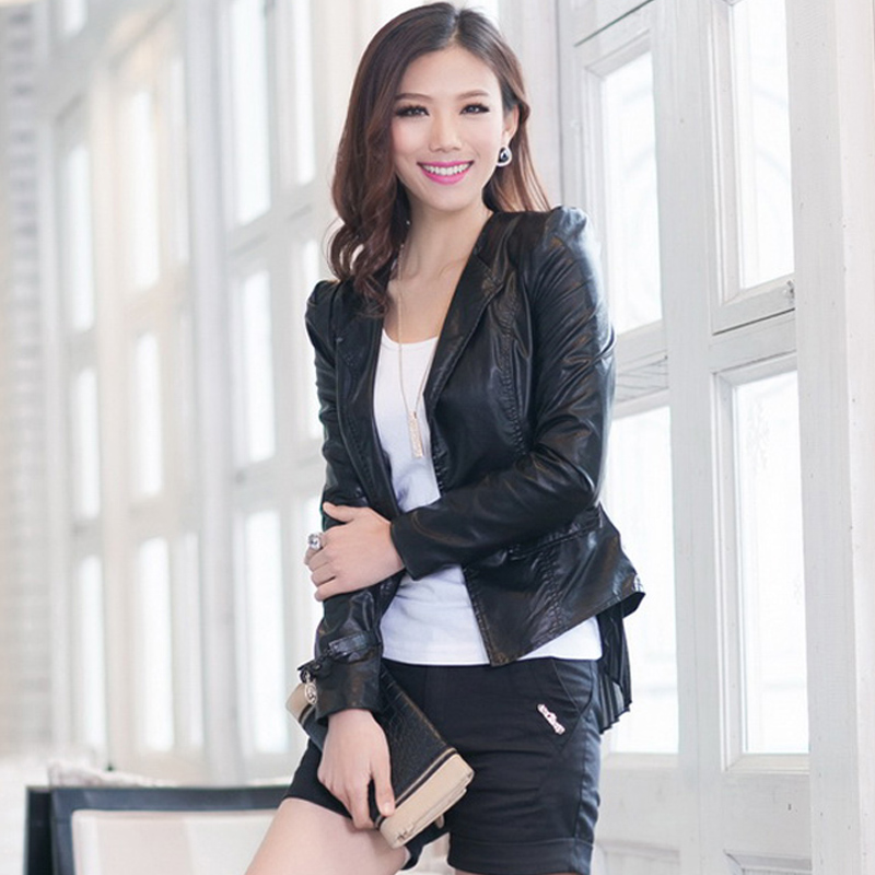 2013 spring women's leather clothing short design slim sweep chiffon patchwork PU motorcycle jacket outerwear blazer suit