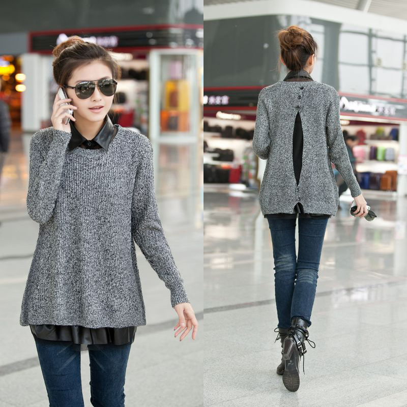 2013 spring women's leather loose shirt collar basic sweater outerwear sweater female