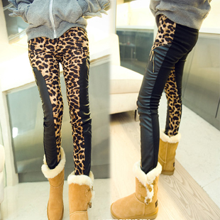 2013 spring women's leopard print leather patchwork trousers thickening women's tight legging