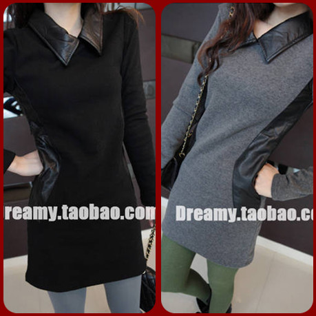 2013 spring women's long-sleeve fleece thickening turn-down collar patchwork leather medium-long basic shirt female