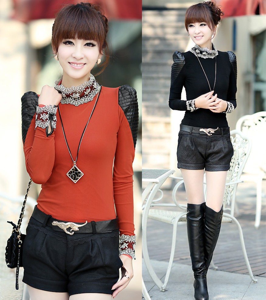 2013 spring women's long-sleeve laciness lace collar puff sleeve patchwork leather pullover basic t-shirt 75228