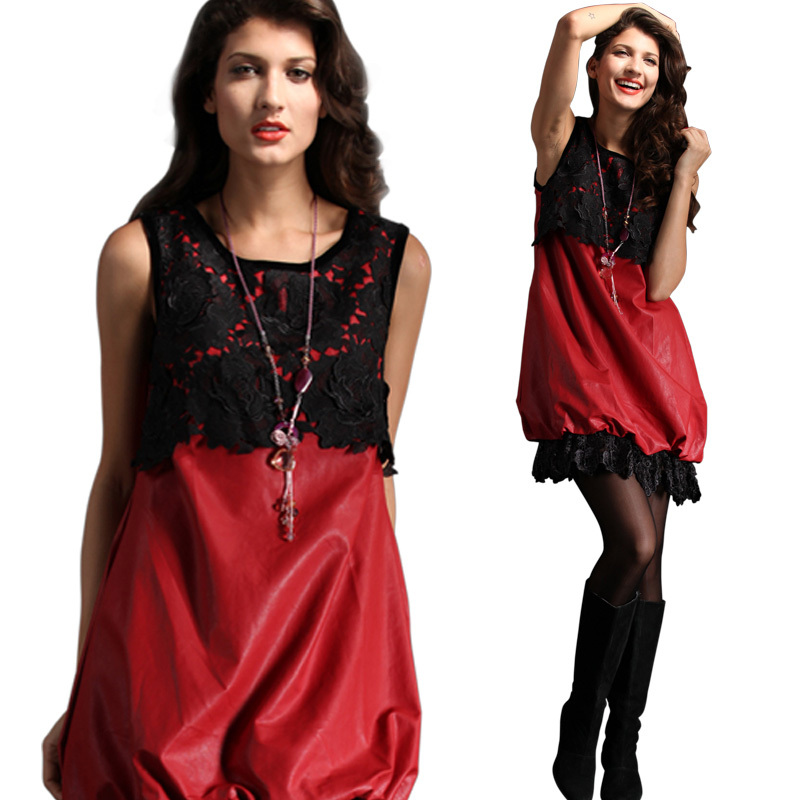2013 spring women's loose plus size lace patchwork PU one-piece dress PU tank dress leather skirt female