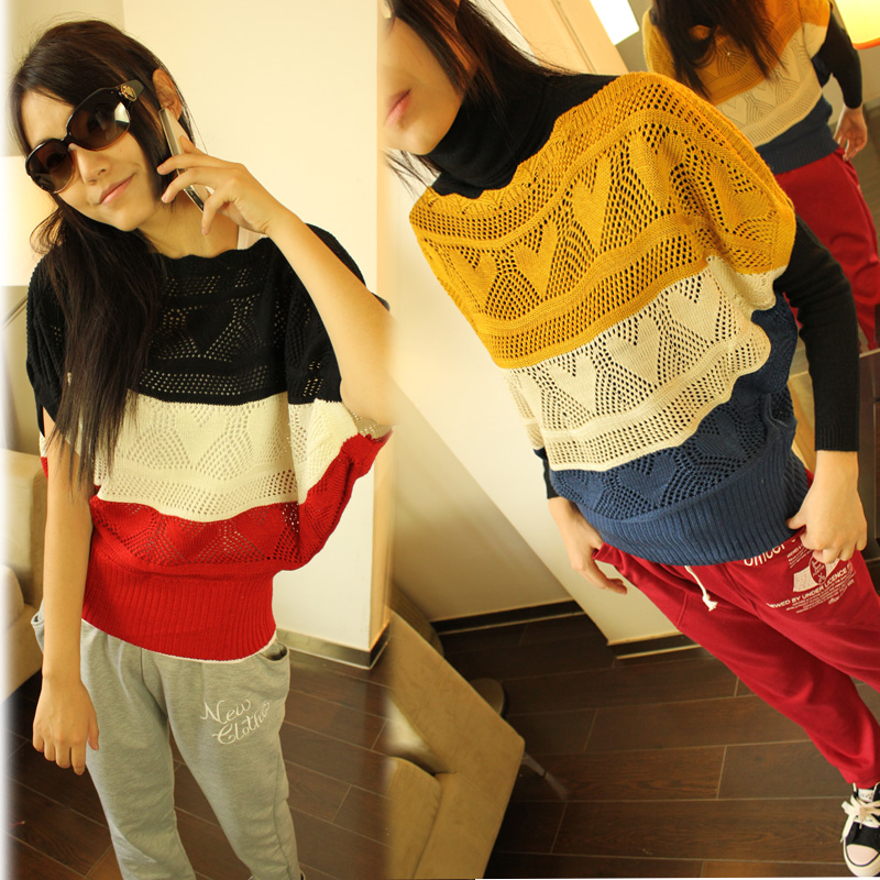 2013 spring women's loose short-sleeve cutout color block decoration pullover sweater plus size sweater