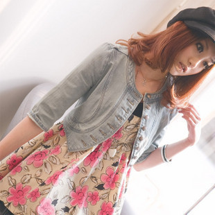 2013 spring women's military slim half sleeve o-neck top short denim outerwear short 8156