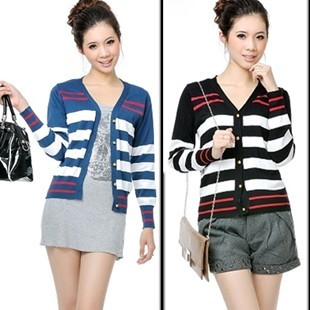 2013 spring women's navy style stripe autumn and winter V-neck sweater cardigan free shipping