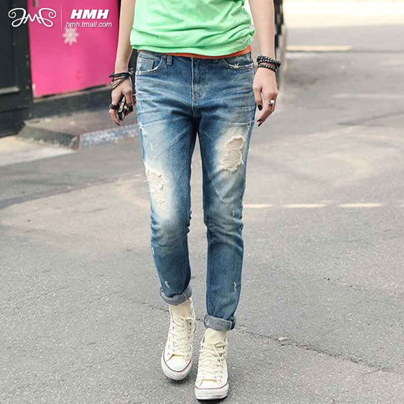 2013 spring women's new arrival water wash distrressed retro finishing wearing white trousers jeans k13z