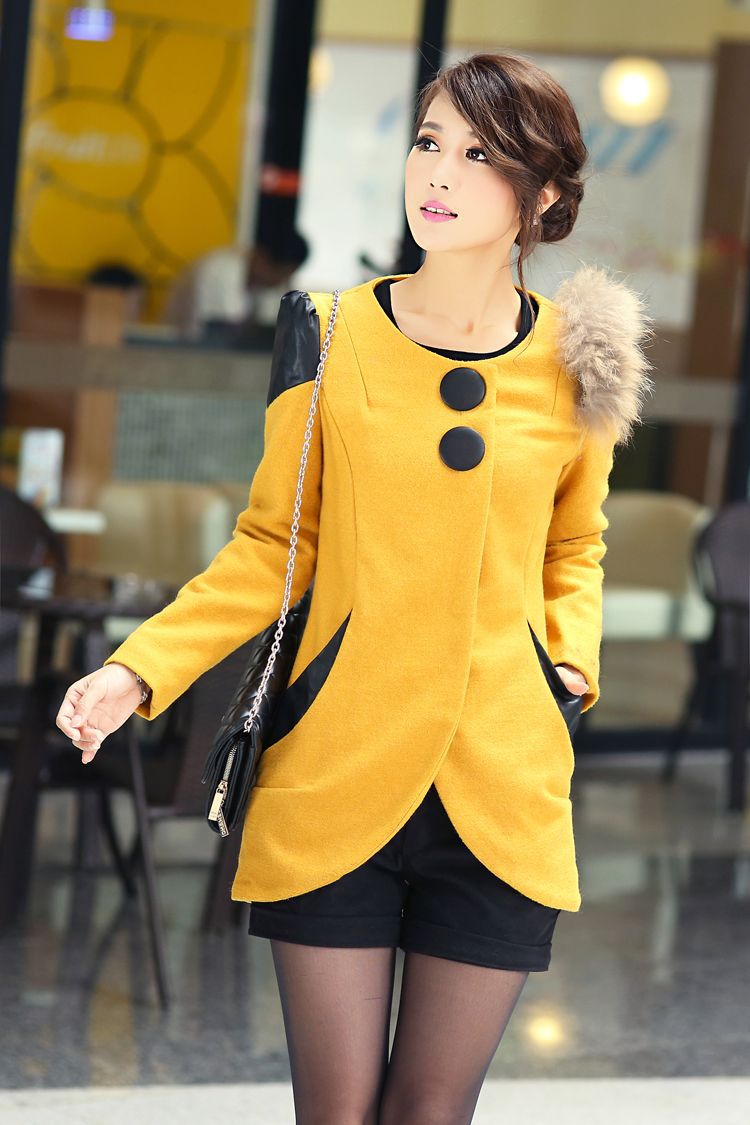 2013 spring women's o-neck woolen raccoon fur single row buckle slim medium-long trench