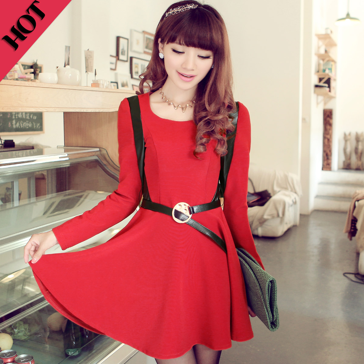 2013 spring women's one-piece dress leather decoration women's knitted one-piece dress Women long-sleeve dress
