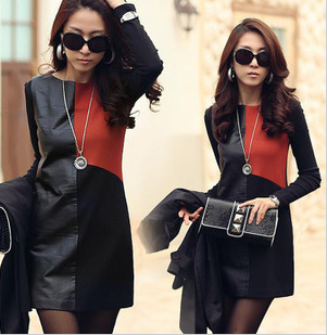 2013 spring women's patchwork fashion elegant slim tank dress one-piece dress leather