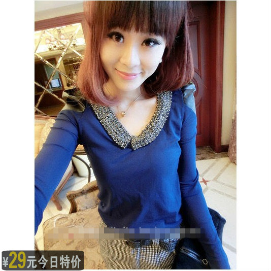 2013 spring women's patchwork leather gauze lace long-sleeve T-shirt women's basic shirt