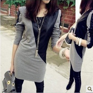 2013 Spring Women's Patchwork Leather Small Handsome Long Design T-shirt Long-sleeve Slim Hip Basic shirt