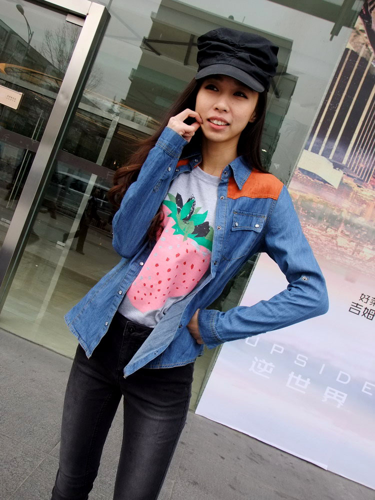2013 spring women's patchwork thin denim long-sleeve medium-long shirt