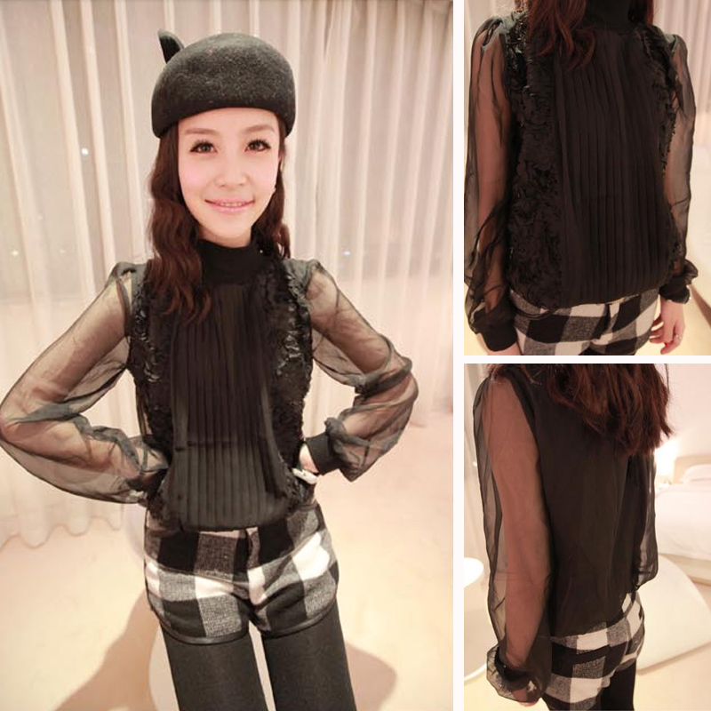 2013 spring women's perspectivity bubble elegant long-sleeve basic top fashion chiffon shirt