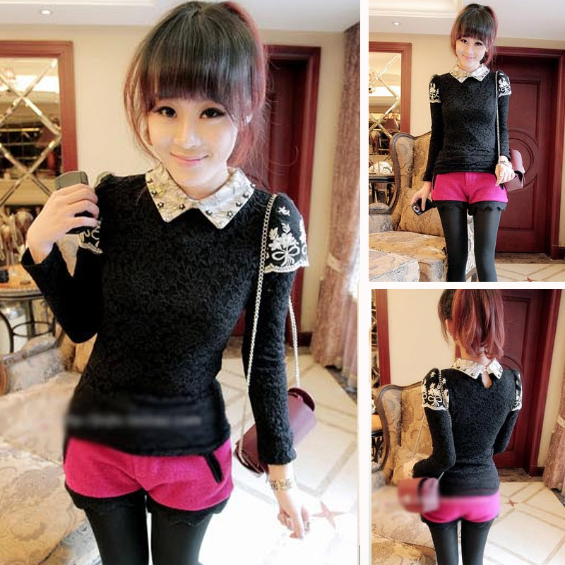 2013 spring women's peter pan collar basic top fashion slim lace long-sleeve shirt
