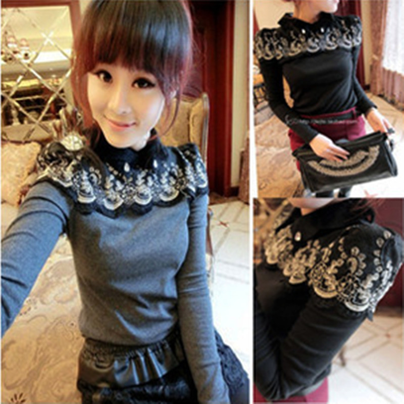 2013 spring women's peter pan collar lace patchwork fashion puff sleeve sweater 9040