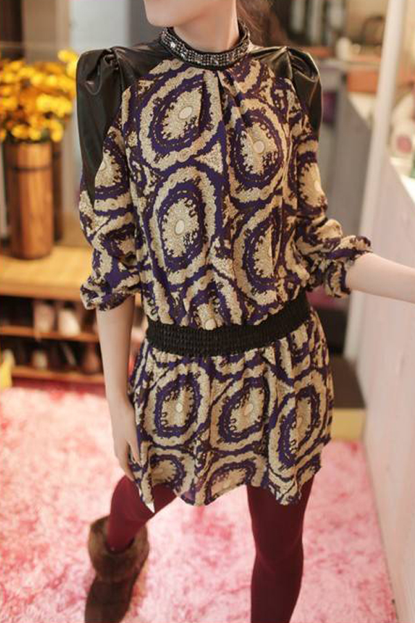 2013 spring women's plus size collar diamond slim leather patchwork chiffon one-piece dress female