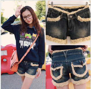 2013 spring women's plush roll-up hem casual all-match mid waist denim shorts boots trousers
