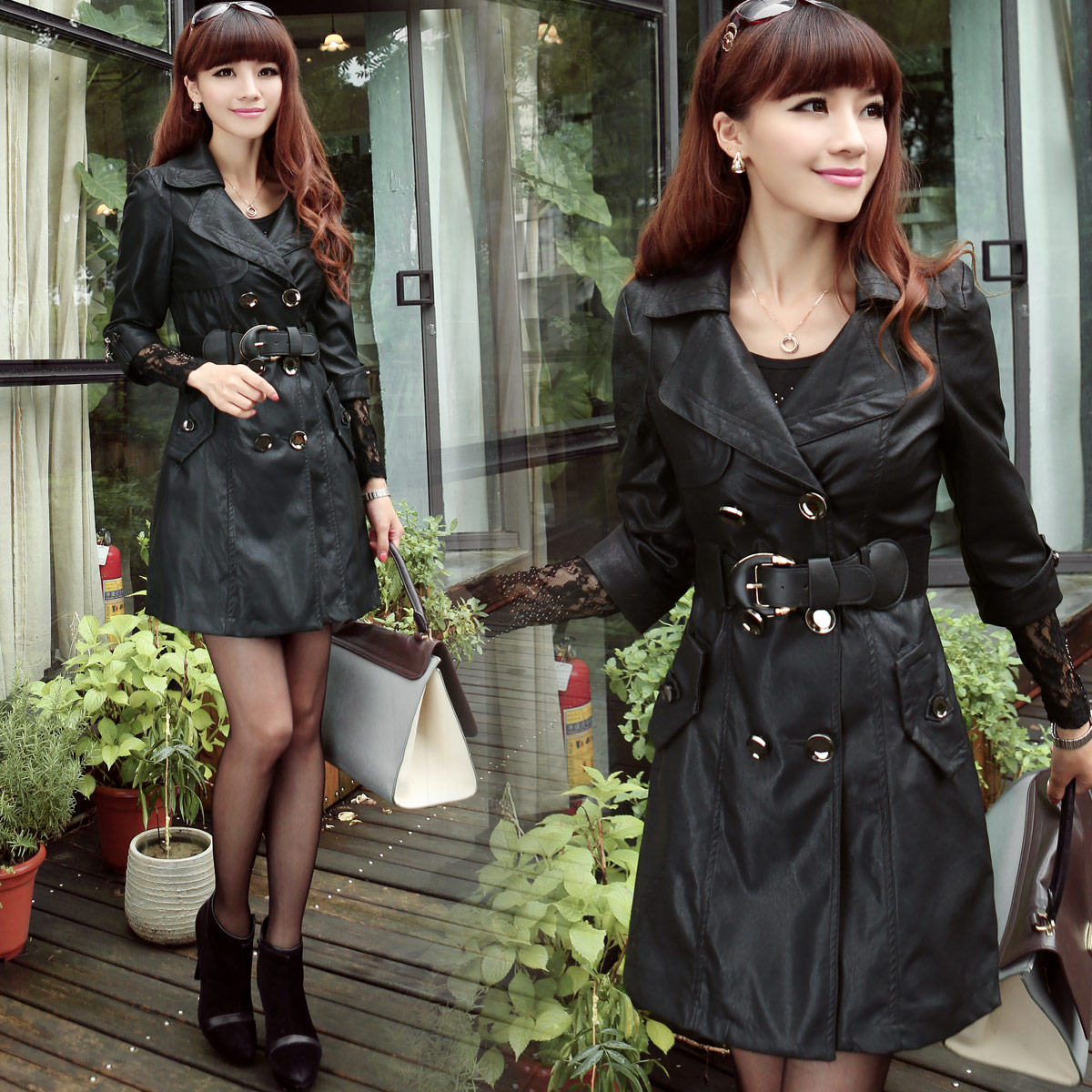 2013 spring women's PU leather trench