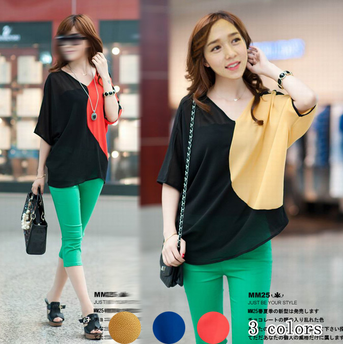 2013 spring women's r4718 casual personality loose decoration color block half sleeve chiffon shirt top
