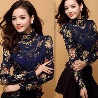 2013 spring women's rhinestones lace turtleneck slim long-sleeve plus velvet basic shirt female autumn and winter
