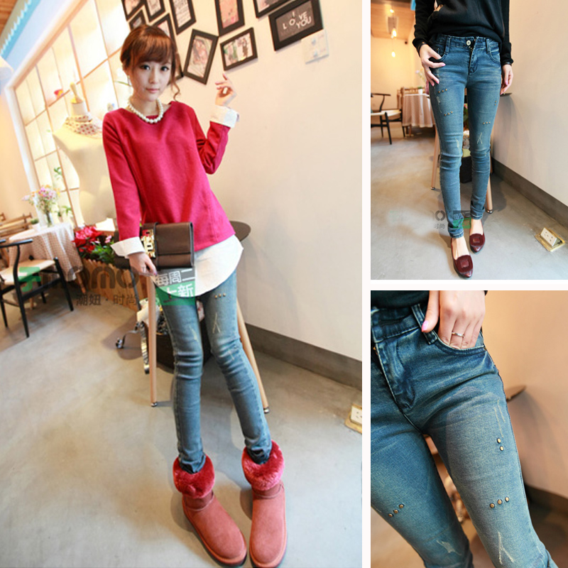 2013 spring women's rivet distrressed pencil skinny pants slim high waist jeans