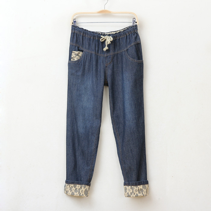 2013 spring women's roll up lace hem loose straight jeans casual trousers thin