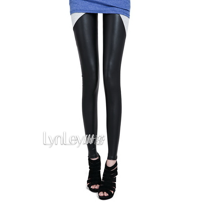 2013 spring women's safety pants 100% cotton patchwork faux leather black ankle length leggings