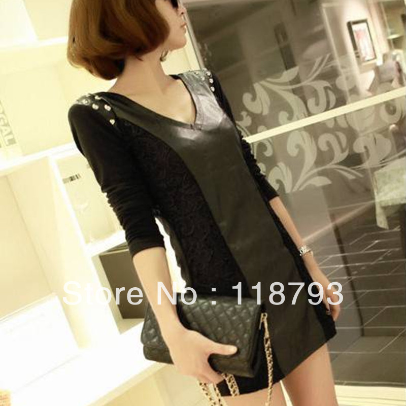 2013 spring women's sexy all-match slim hip long-sleeve V-neck gentlewomen leather skirt