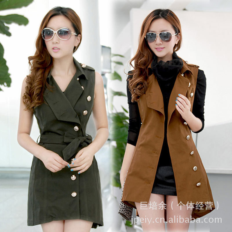 2013 spring women's single-row side buckle turn-down collar fashion slim waist long design sleeveless small trench 0230566119
