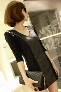 2013 spring women's slim hip leather skirt tight long-sleeve sexy one-piece dress