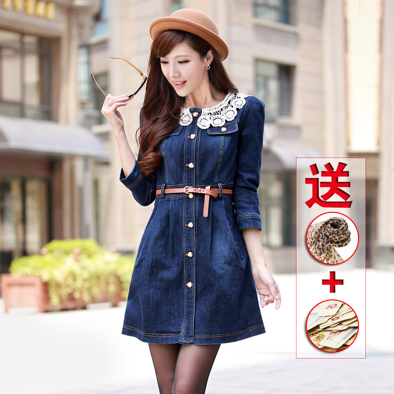 2013 spring women's slim laciness peter pan collar three quarter sleeve one-piece dress style denim trench outerwear