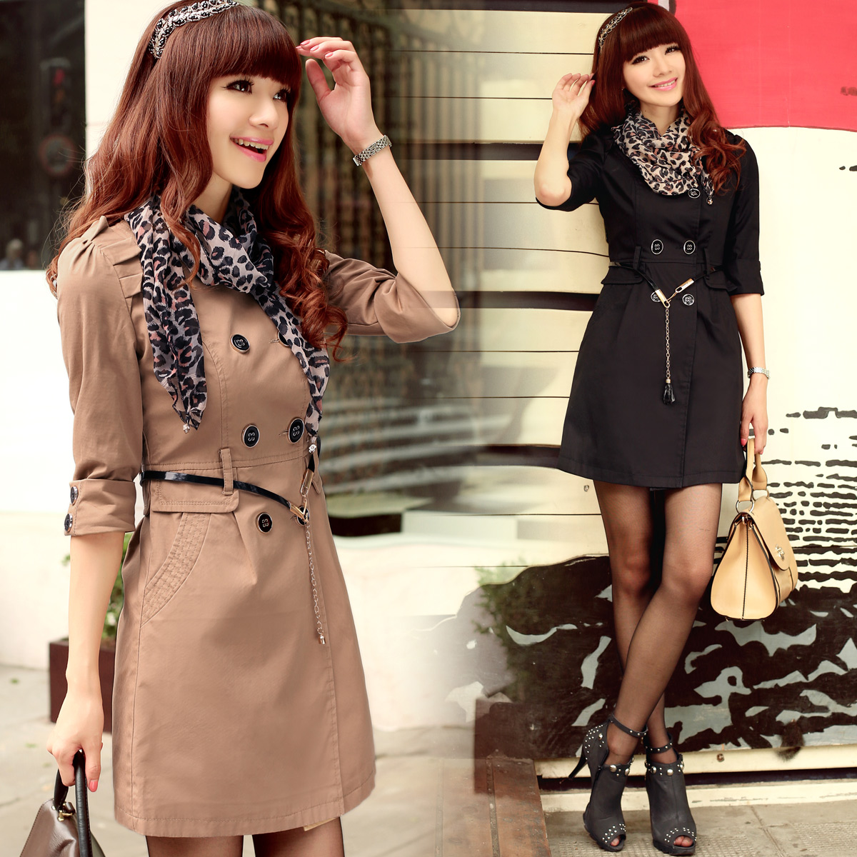 2013 spring women's slim long design half sleeve o-neck trench belly chain silk scarf