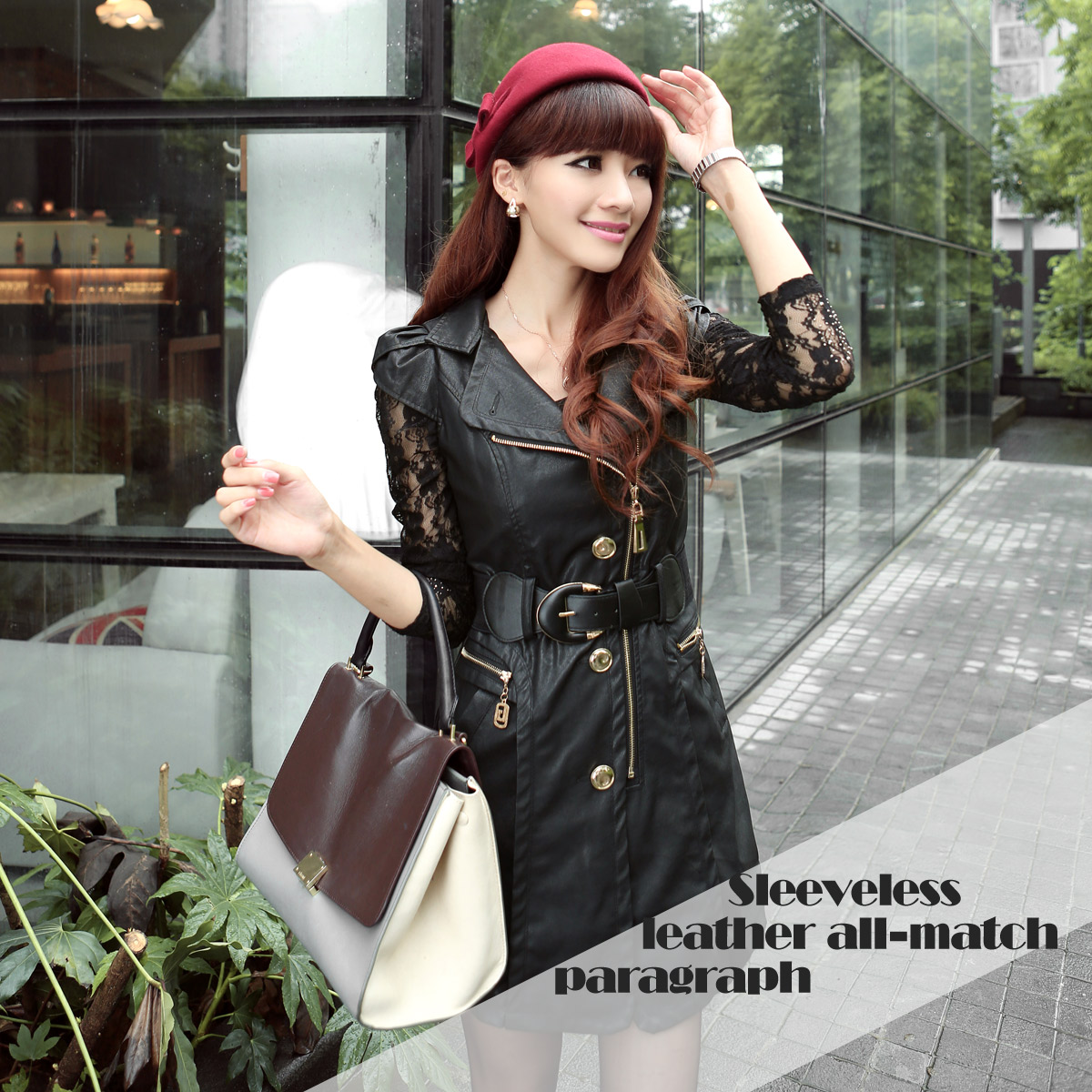 2013 spring women's slim long design PU sleeveless one-piece dress