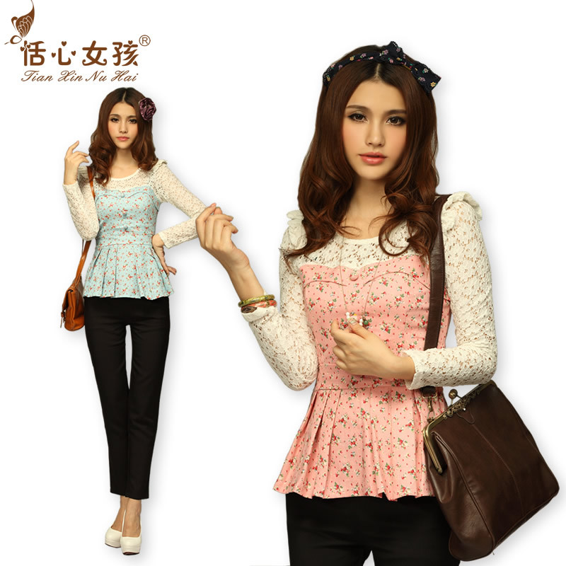 2013 spring women's slim long-sleeve lace shirt cutout long-sleeve print top Free Shipping