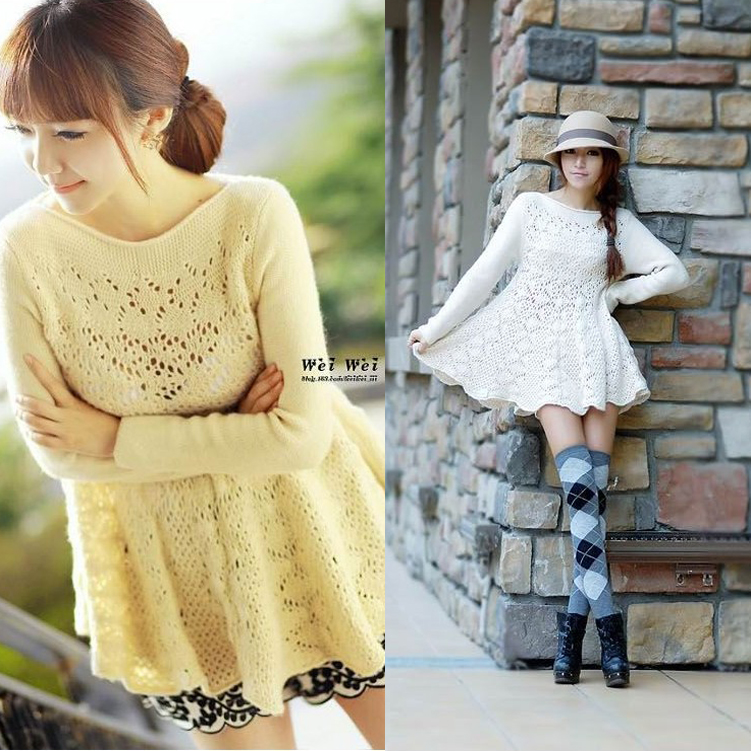 2013 spring women's slim medium-long basic o-neck cutout sweater female sweater dress