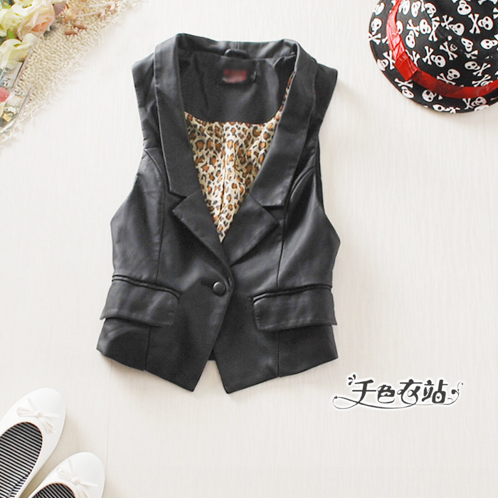 2013 spring women's slim one button turn-down collar leather vest female 107m522