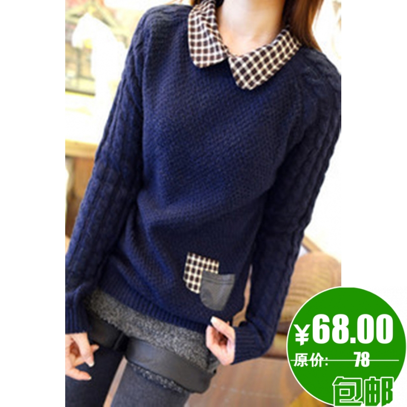2013 spring women's slim pocket plaid turn-down collar pullover sweater female