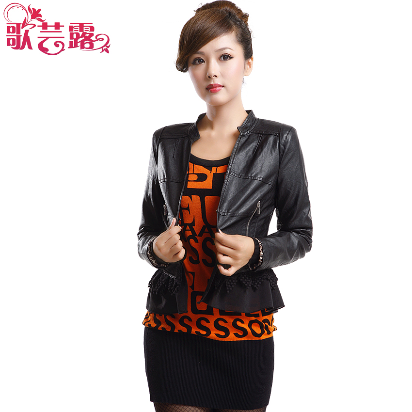 2013 spring women's slim stand collar handsome leather clothing outerwear short design plus size