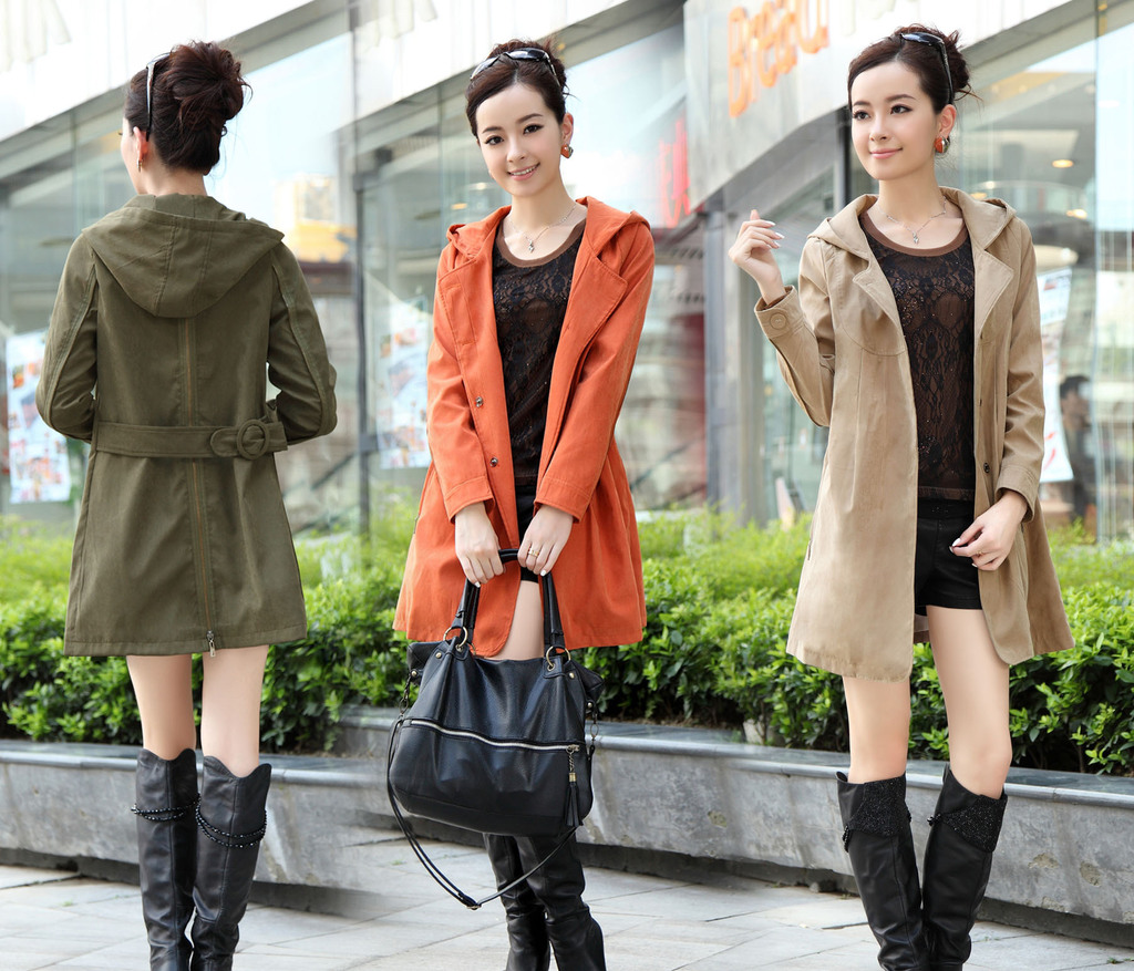 2013 spring women's slim sweet zipper with a hood trench outerwear