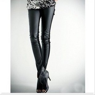 2013 spring women's slim thin faux leather cotton cloth patchwork legging ankle length trousers 6018