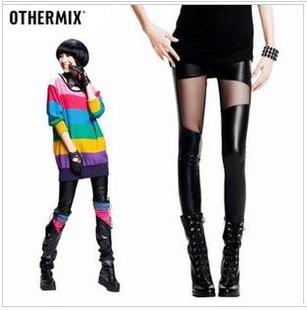 2013 spring women's slim transparent gauze patchwork faux leather legging ankle length trousers 6005