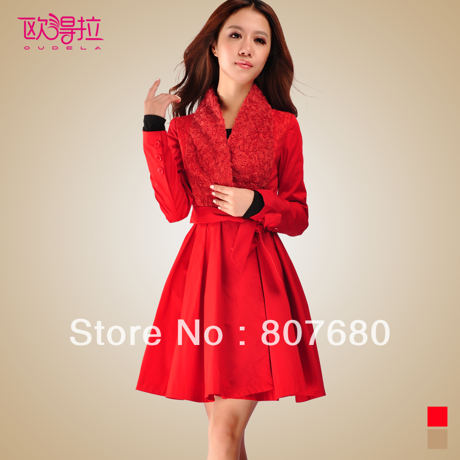 2013 spring women's slim waist high quality disk flowers slim waist elegant long-sleeve trench outerwear