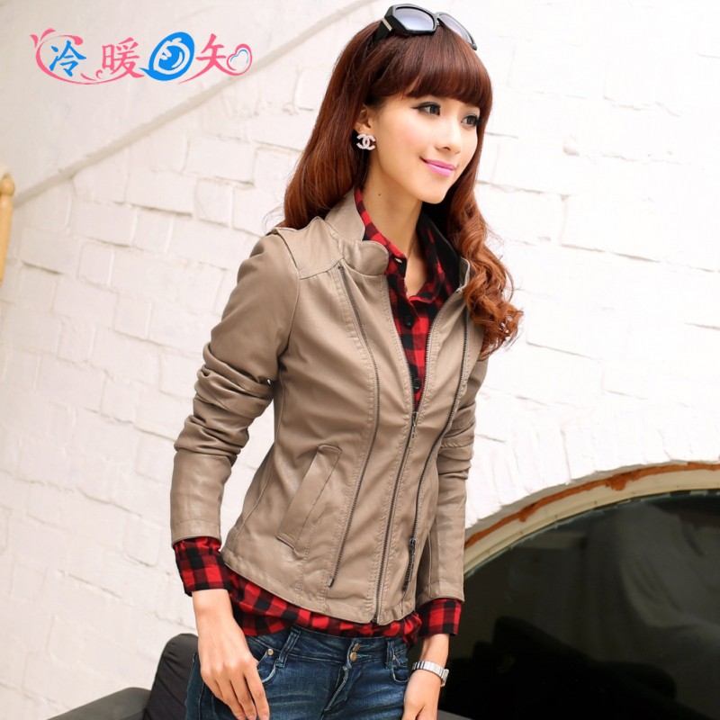 2013 spring women's slim zipper stand collar PU small leather motorcycle clothing water washed leather short design leather