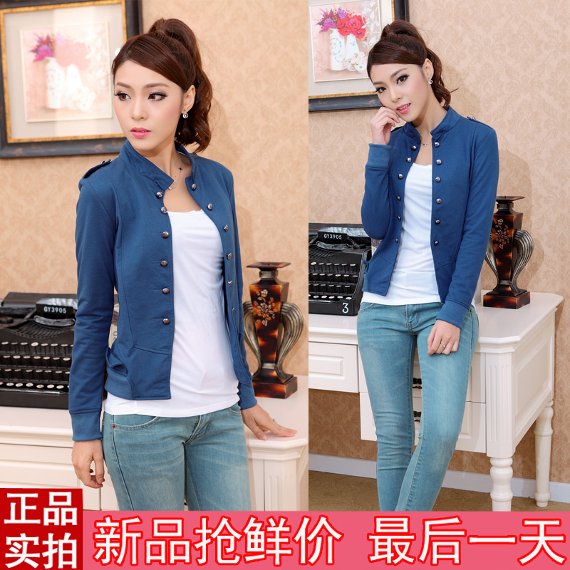 2013 spring women's spring outerwear solid color stand collar epaulette double breasted short jacket 3