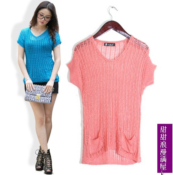 2013 spring women's sweet 22933 cutout short-sleeve V-neck thin sweater