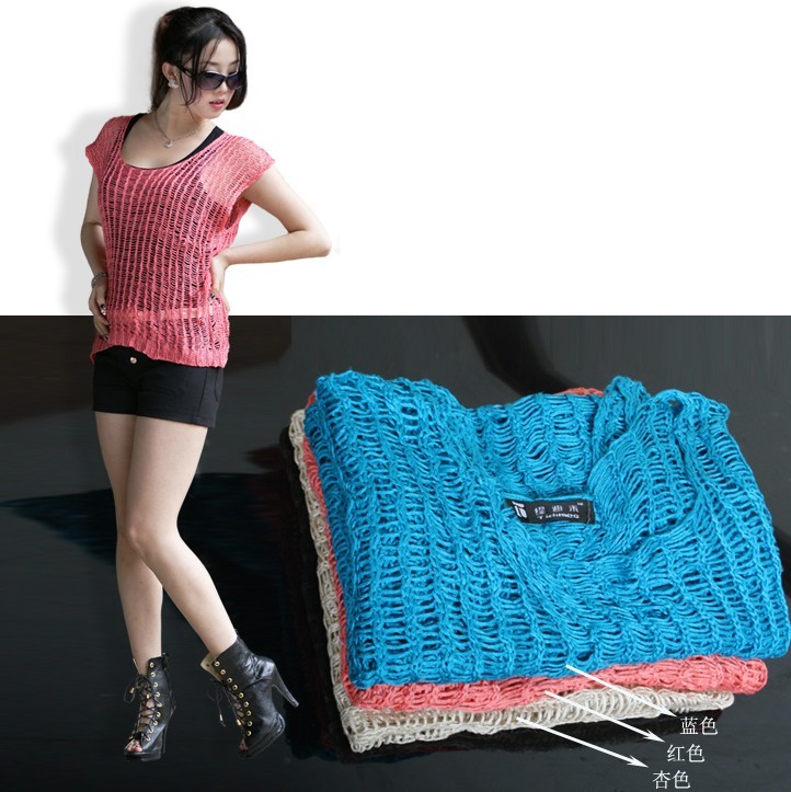 2013 spring women's sweet 23933 cutout thin loose short-sleeve sweater shirt