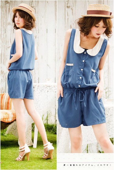 2013 spring women's sweet  loose sleeveless jumpsuit shorts female shorts white collar