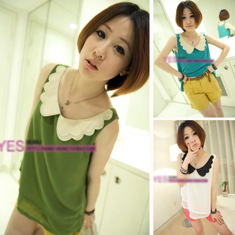 2013 spring women's sweet peter pan collar double layer faux two piece top slim chiffon vest