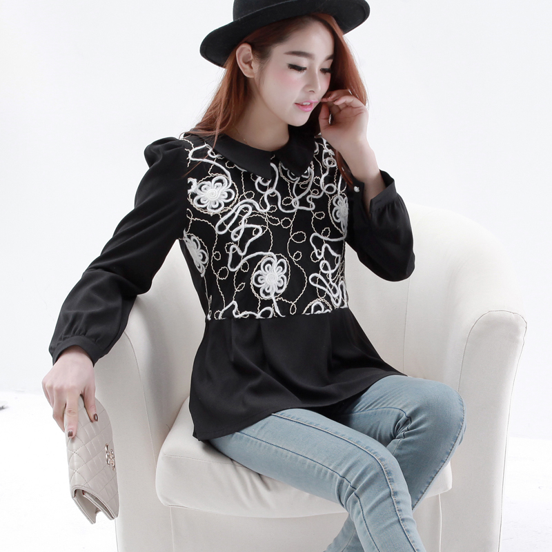 2013 spring women's sweet peter pan collar lace flower puff sleeve high waist top zb437