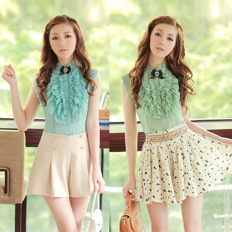 2013 spring women's sweet vintage basic shirt chiffon shirt short-sleeve princess chiffon shirt Free Shipping